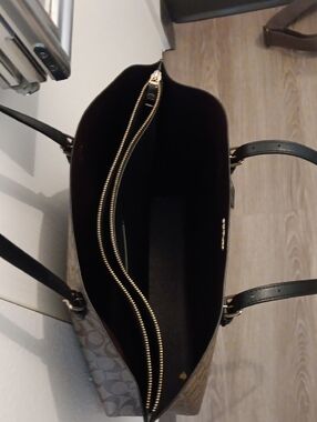 Coach Brown Signature Canvas Tote with Black Leather Trim and Gold Hardware